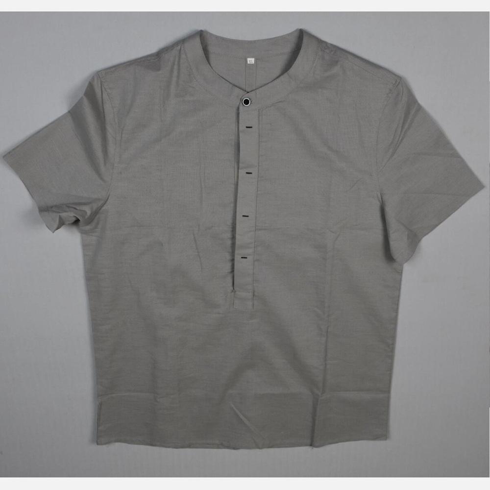 LotX3 Bespoke Luxury Linen Cotton Collarless Men Short Sleeve Henley Shirt XL